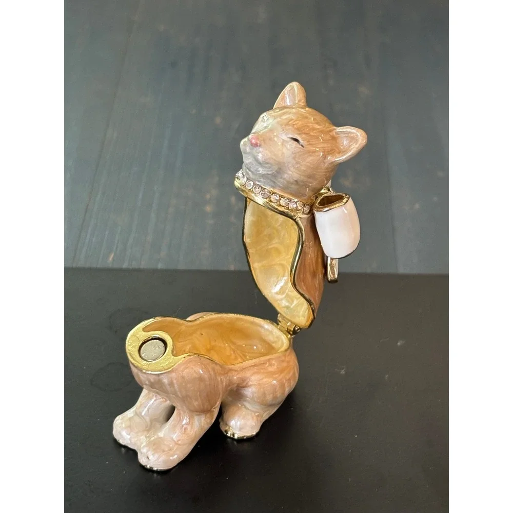 Enamel Ginger Cat Trinket Box Hinged Jewelry Holder with White Bow Rhinestone